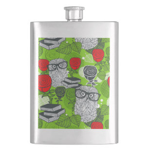 Owl in red roses hip flask