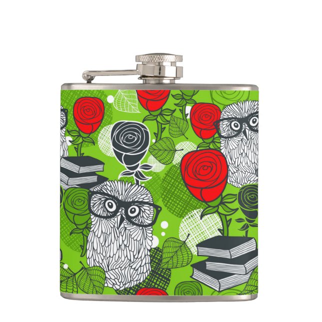 Owl in red roses hip flask (Front)