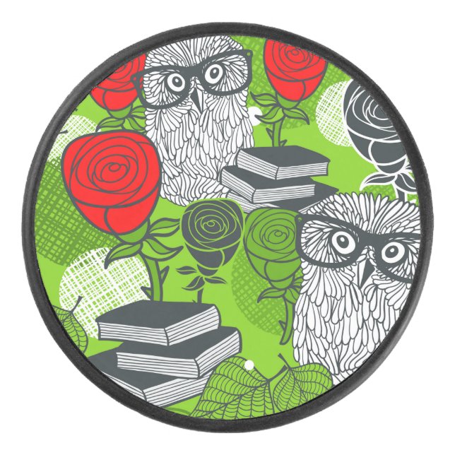 Owl in red roses hockey puck (Front)