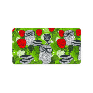 Owl in red roses label