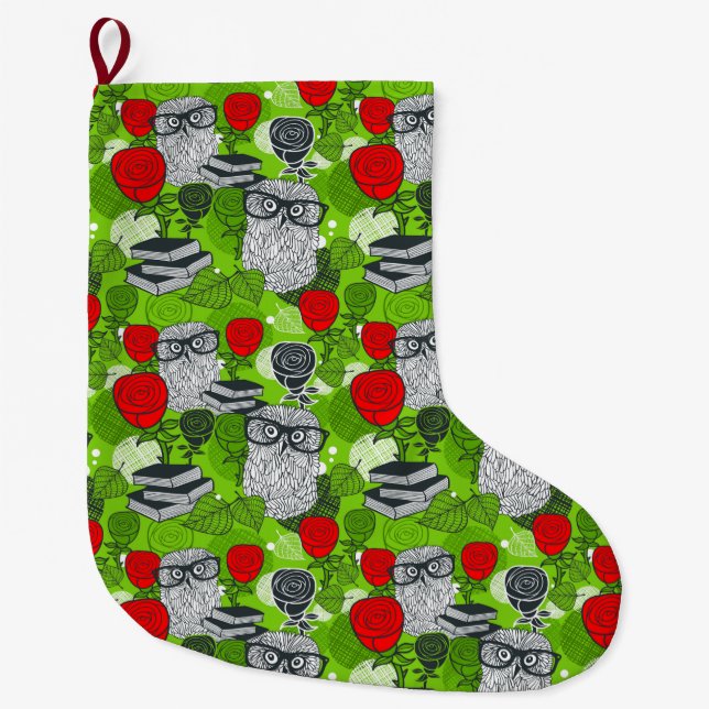 Owl in red roses large christmas stocking (Front)