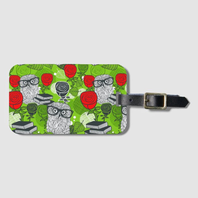Owl in red roses luggage tag (Front Horizontal)