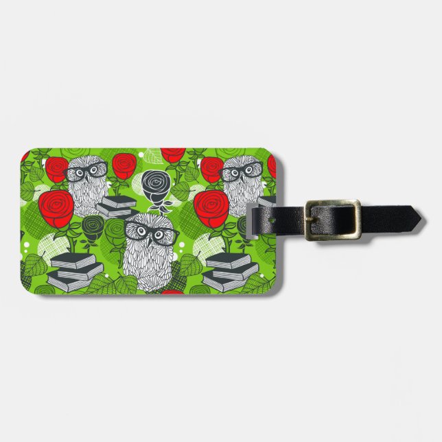 Owl in red roses luggage tag (Front Horizontal)
