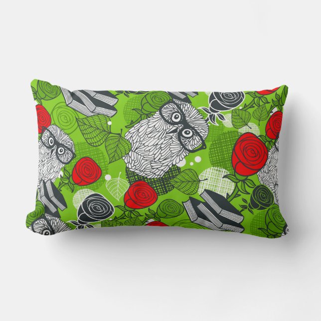 Owl in red roses lumbar cushion (Front)