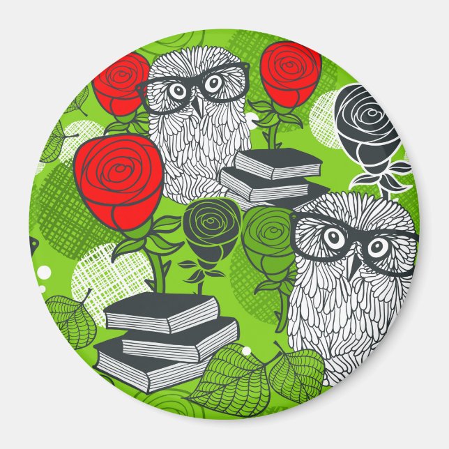 Owl in red roses magnet (Front)