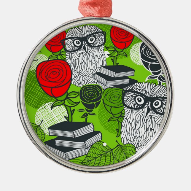Owl in red roses metal tree decoration (Front)