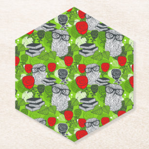 Owl in red roses paper coaster