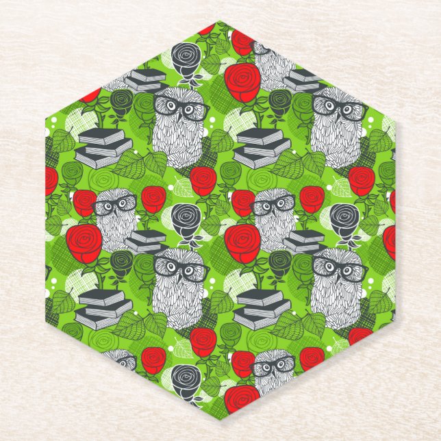Owl in red roses paper coaster (Front)