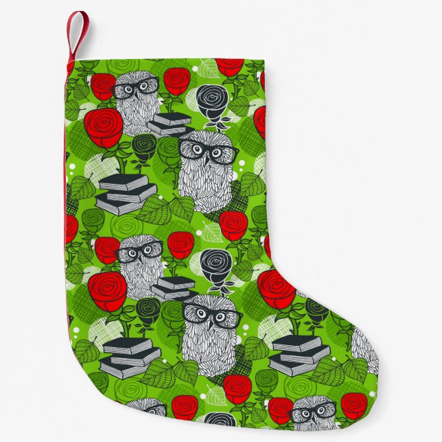 Owl in red roses small christmas stocking (Front)