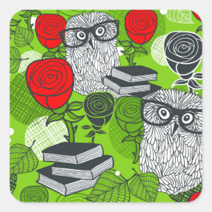 Owl in red roses square sticker