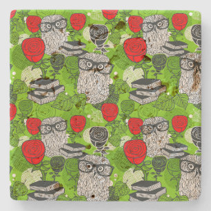 Owl in red roses stone coaster
