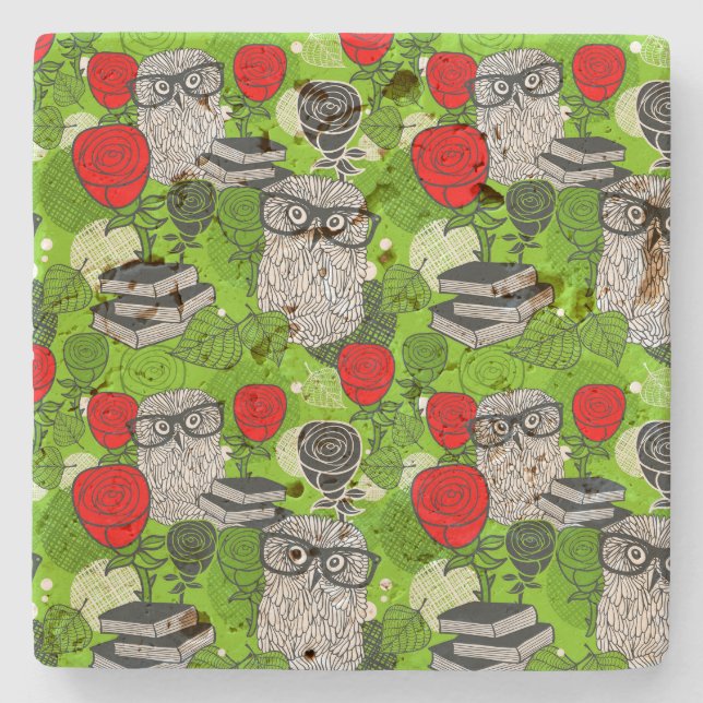 Owl in red roses stone coaster (Front)