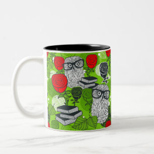 Owl in red roses Two-Tone coffee mug