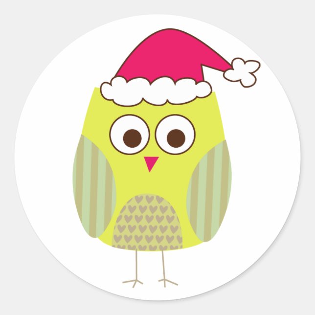 Owl in Santa Hat Classic Round Sticker (Front)