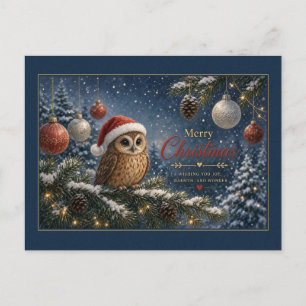 Owl in Santa Hat on Blue Night Postcard
