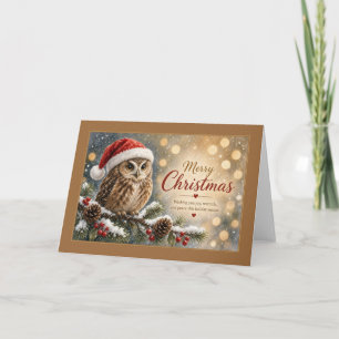 Owl in Santa Hat with Golden Bokeh Christmas Card