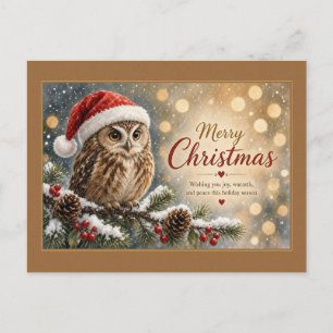 Owl in Santa Hat with Golden Bokeh Postcard