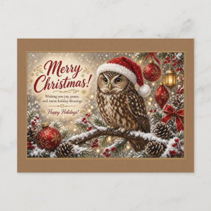 Owl in Santa Hat with Ornaments Postcard