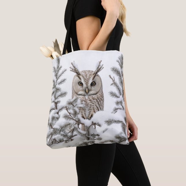Owl in Snow Tote Bag (Close Up)