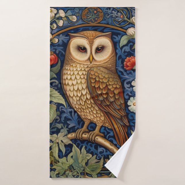 Owl in the garden William Morris style Bath Towel (Bath Towel)