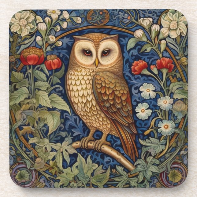 Owl in the garden William Morris style Coaster (Front)