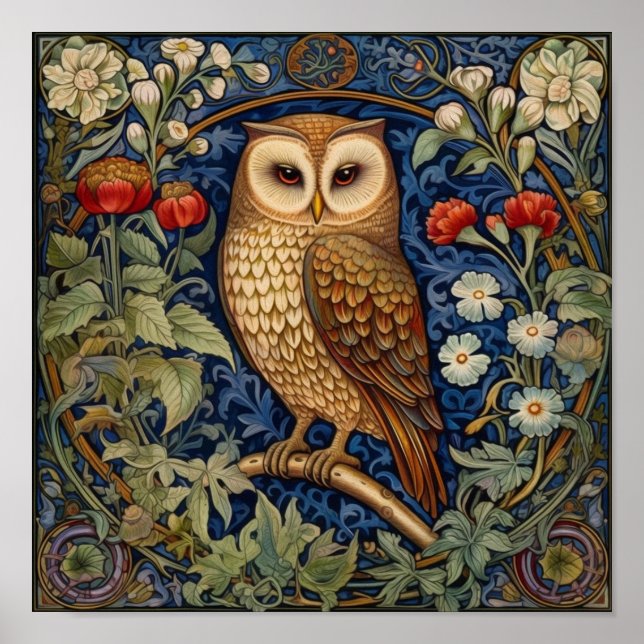 Owl in the garden William Morris style Poster (Front)