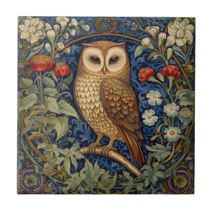 Owl in the garden William Morris style Tile