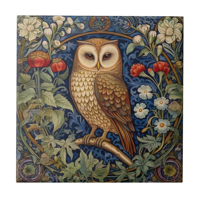Owl in the garden William Morris style Tile (Front)