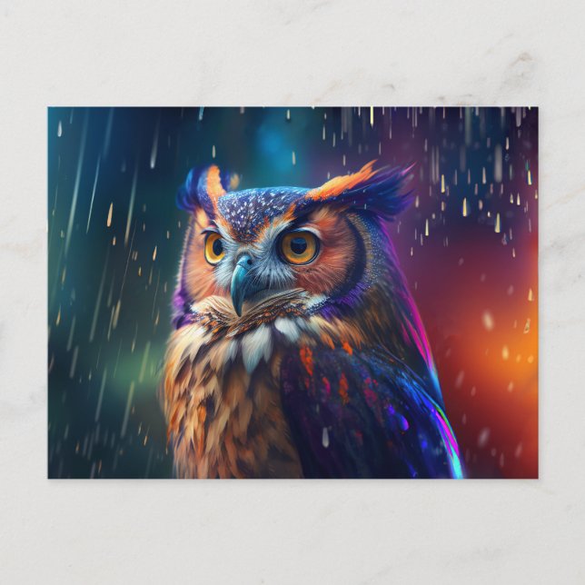 Owl in the Rain Vivid Art Postcard (Front)