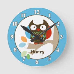 Owl in Tree Tops Personalised Wall Clock - Blue