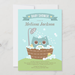 Owl in Wooden Bathtub Baby Shower Invitation