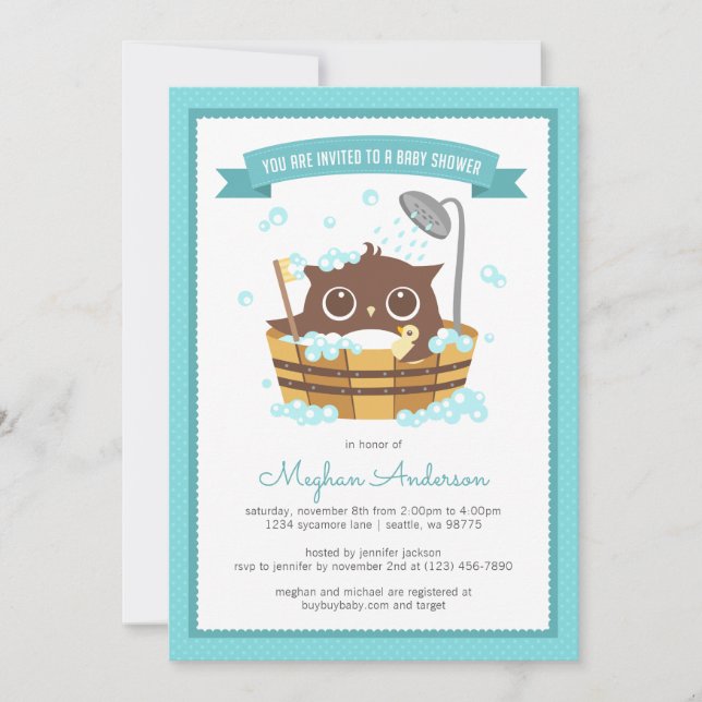 Owl in Wooden Bathtub Boy Baby Shower Invitation (Front)