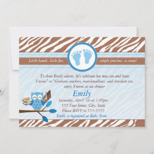 Owl Invitation Baby Boy Shower Blue Brown Zebra