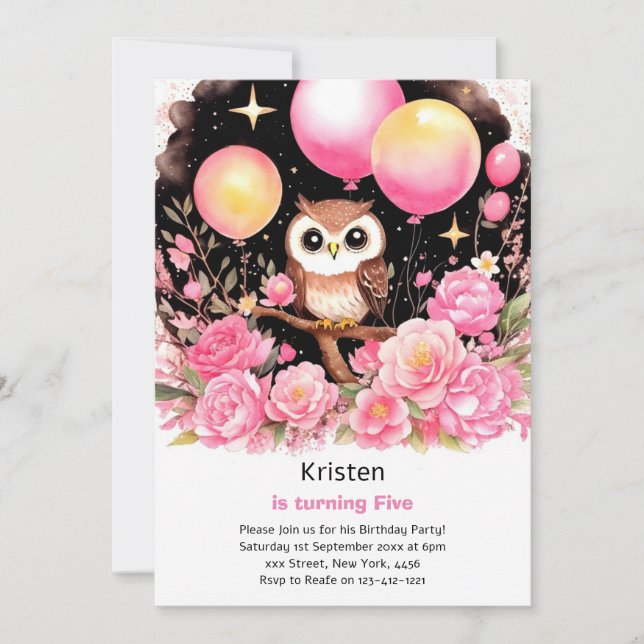 Owl Kids Girl Birthday Invitation (Front)