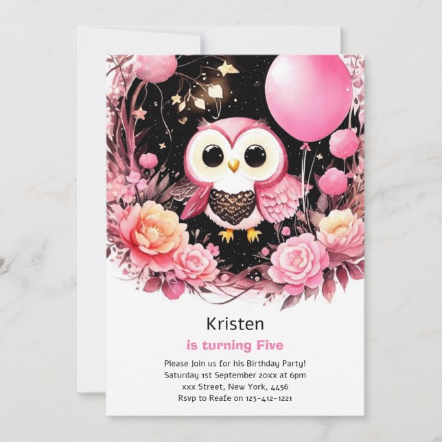 Owl Kids Girl Birthday Invitation (Front)