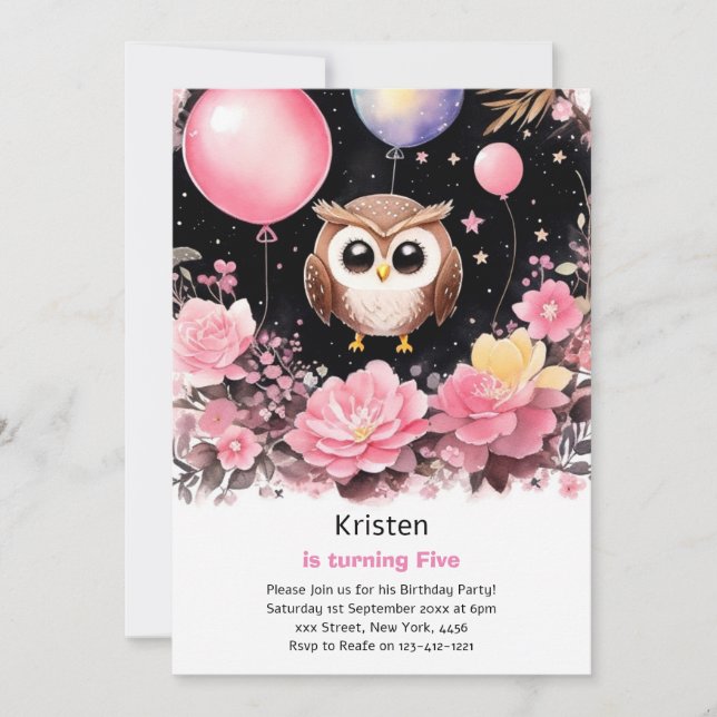 Owl Kids Girl Birthday Invitation (Front)
