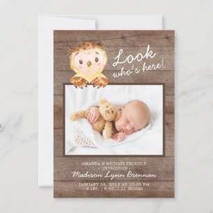 Owl Look Who's Here Boy Photo Birth Announcement