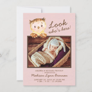 Owl Look Who's Here Girls Photo Birth Announcement