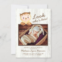 Owl Look Who's Here Girls Photo Birth Announcement