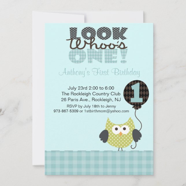 Owl Look Who's One Birthday Invitation (Front)