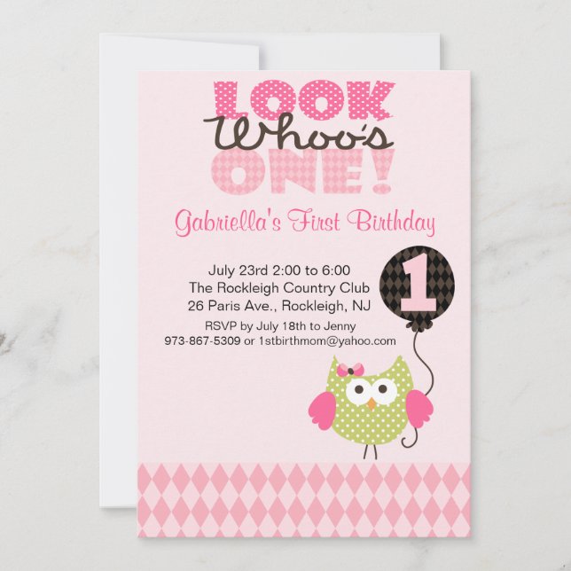 Owl Look Who's One Birthday Invitation (Front)