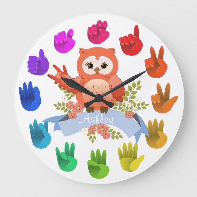 Owl love ASL Sign language rainbow  customisable Large Clock (Front)