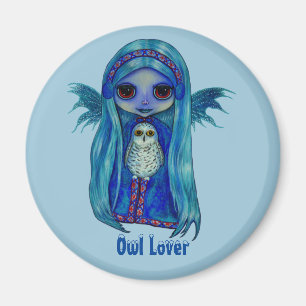 Owl Lover Fairy with Snowy Owl Winter Big Eyes Magnet