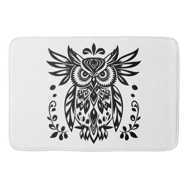 Owl Lovers Rustic Woodlands Black White Bohemian Bath Mat (Front)