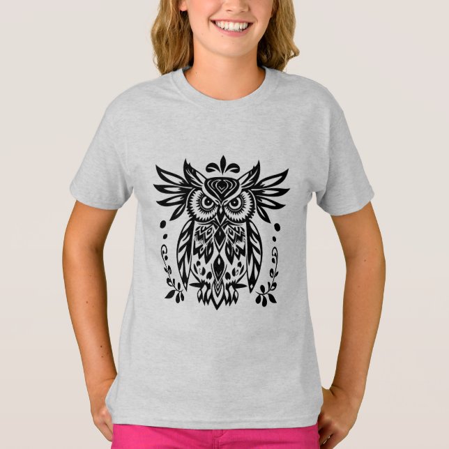 Owl Lovers Rustic Woodlands Black White Bohemian  T-Shirt (Front)