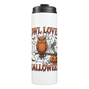 Owl Loves Halloween Orange Spider Web Pumpkin_1 Thermal Tumbler