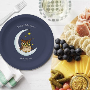 Owl Moon Blue Cute Stars Baby Shower Paper Plate
