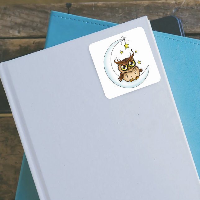 Owl Moon Blue Cute Stars Square Sticker (Creator Uploaded)