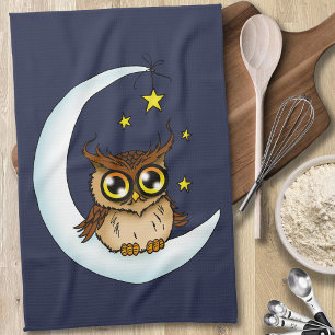 Owl Moon Blue Cute Stars Tea Towel