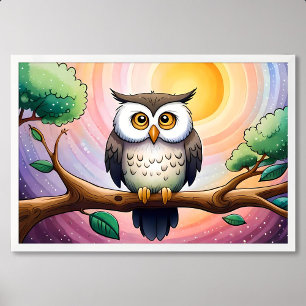 owl moon clear night twigs tree colorful painting poster